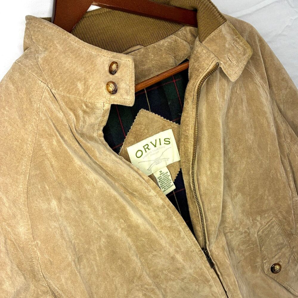 Vintage Orvis Mens Medium Tan Suede Leather Bomber Jacket Plaid Lined